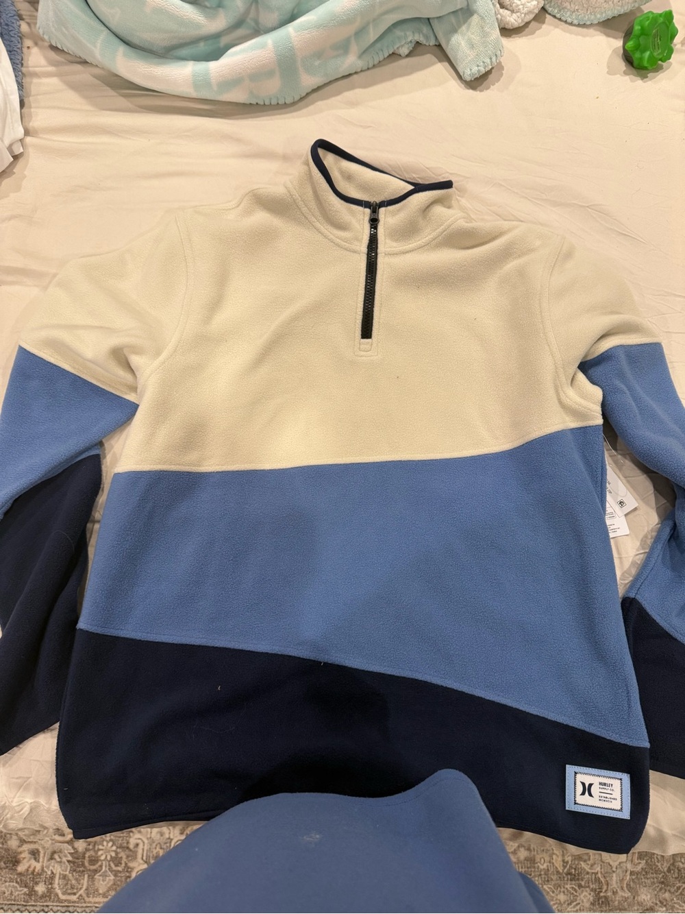 Hurley Half-Zip Fleece Pullover - Cream, Light Blue & Navy